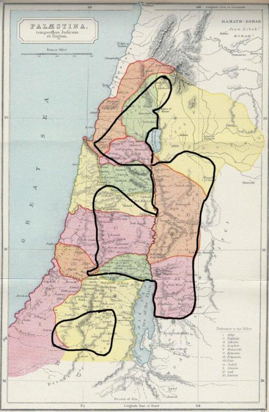 Israel: territory taken in the initial invasion and final allocation of land to the 12 tribes