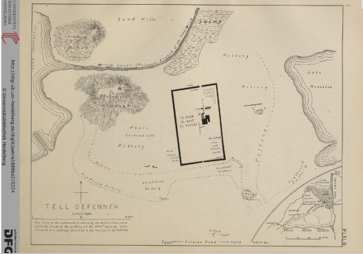 The hand-drawn plan of archeological excavations at Tahpanhes Tell Defenneh) 